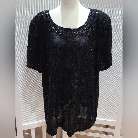 Elegant Black Lace Women's Top Beaded Sequin Size 26W - Picture 1 of 2